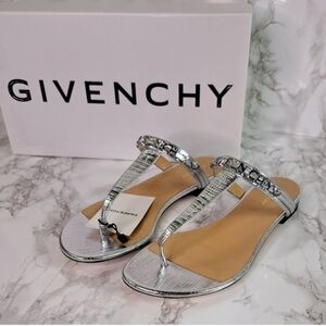 Givency Elba Lizard Embossed Silvery Metallic Leather Thong Sandals Size IT 38.5